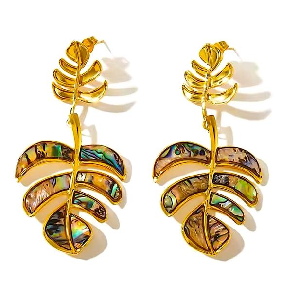 Boho Gold Iridescent Leaf Earrings Stainless Steel Gold Plated - Picture 10 of 11